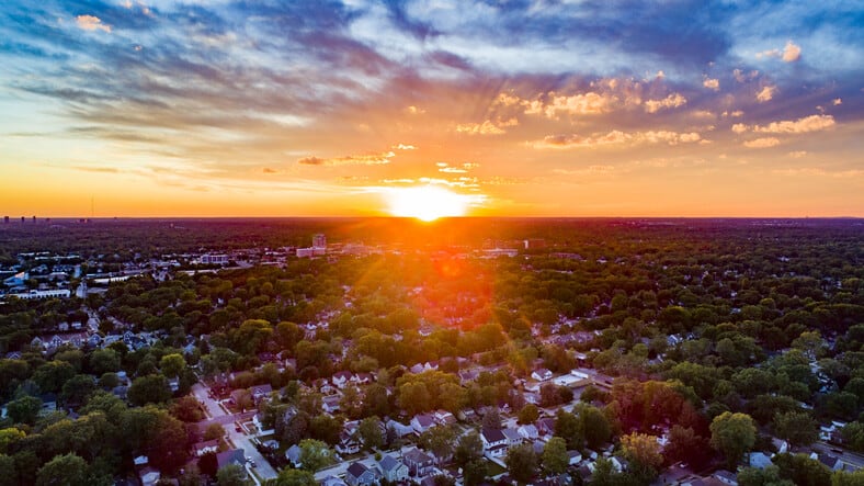 An aerial view of sunset over the suburbs of Southeast Michigan