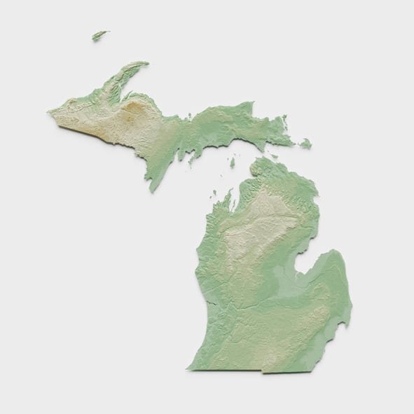 3D render of a topographic map of Michigan.